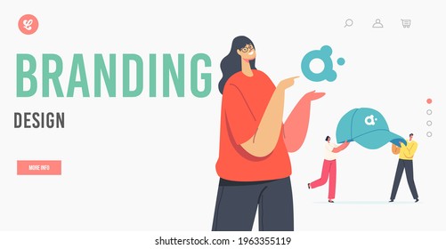 Branding Design Landing Page Template. Saleswoman Presenting Company Logotype and Promotional Products for Brand Identity Advertising Campaign, Cap with Logo. Cartoon People Vector Illustration