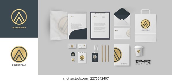 Branding design mockup set with golden logo and grey background. Premium corporate identity for financial or lawyer company with marble folder and wooden pencil.