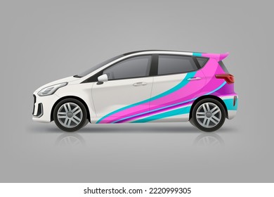 Branding design on Company Car mockup. Abstract  brand identity of pink stripes background on corporate Car. Branding vehicle. Raicng wrap decal. Editable vector template