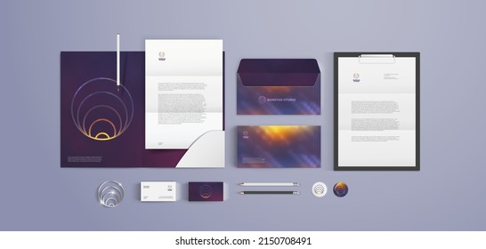 Branding design template with circle sun logo and colorful background. Stationery mockup set on grey surface. Can be used for modern company or studio. Minimalistic style with premium elements.