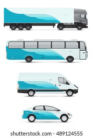 Branding design for transport. Mockup of passenger car, bus and van. Templates vehicles for advertising and corporate identity. Graphics elements with abstract modern geometric shapes.