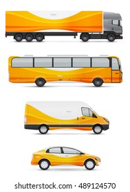 Branding design for transport. Mockup of passenger car, bus and van. Templates vehicles for advertising and corporate identity. Graphics elements with abstract modern geometric shapes.