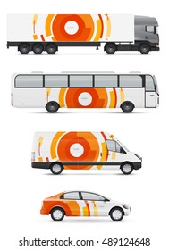 Branding design for transport. Mockup of passenger car, bus and van. Templates vehicles for advertising and corporate identity. Graphics elements with abstract modern geometric shapes.