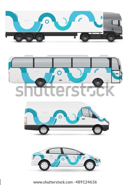 Branding\
design for transport. Mockup of passenger car, bus and van.\
Templates vehicles for advertising and corporate identity. Graphics\
elements with abstract modern geometric\
shapes.