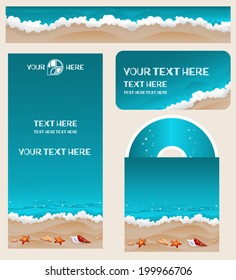 Branding design for travel agency. Vacation theme for identity firm design. Summer beach with surf, sand and shells. Set of business card, vertical and horizontal banners, CD and cover. Vector EPS8.
