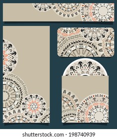 Branding design with tribal art pattern. Original art in set of business card, vertical and horizontal banners, CD and cover. Ethnic ornaments for banner, greeting card, invitation. Copy space.