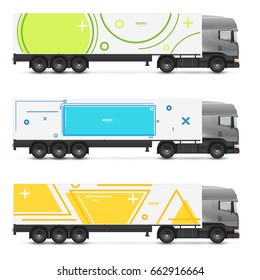Branding design truck or van in modern geometric memphis style. Vehicles mock up for advertising, business and corporate identity. Set templates for transport.