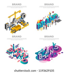 Branding Digital Marketing Banner Set. Isometric Set Of Branding Digital Marketing Vector Banner For Web Design