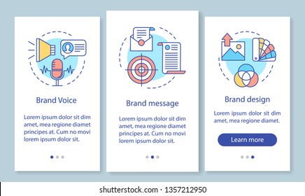 Branding elements onboarding mobile app page screen with linear concepts. Brand voice, message and design. Three walkthrough steps graphic instructions. UX, UI, GUI vector template with illustrations