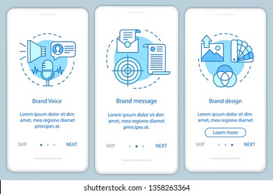 Branding Elements Onboarding Mobile App Page Screen Vector Template. Brand Voice. Walkthrough Website Steps With Linear Illustration. Brand Message And Design. UX, UI, GUI Smartphone Interface Concept