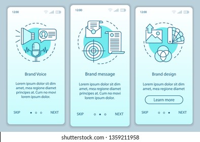 Branding elements onboarding mobile app page screen vector template. Brand voice, message and design. Walkthrough website steps with linear illustrations. UX, UI, GUI smartphone interface concept