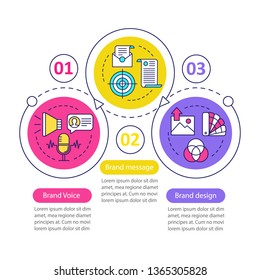 Branding Elements Vector Infographic Template. Brand Message. Business Presentation Design Elements. Data Visualization With Three Steps, Options. Process Timeline Chart. Workflow Layout, Linear Icons