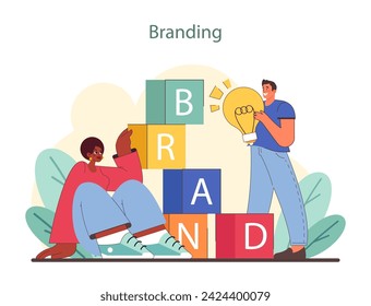 Branding essentials concept. Showcases building a brand identity with innovation and creativity as cornerstones. Visualizes brand development strategy for market impact. Flat vector illustration.