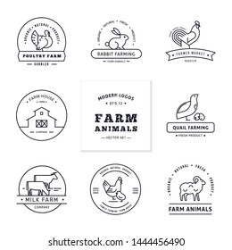 Branding farm. Set of eight modern linear style logos with farm animals with space for text or company name. Isolated on wooden vector background.