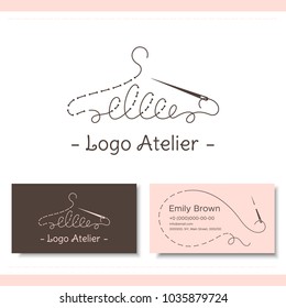 Branding for the fashion designer, Atelier, wedding boutique, women's clothing store, studio sewing and tailoring. Logo, business card. Stylized hanger from thread and needle