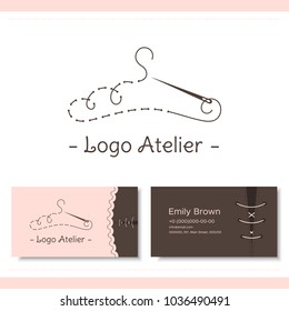 Branding for the fashion designer, Atelier, wedding boutique, women's clothing store, studio sewing and tailoring. Logo, business card. Stylized hanger from thread and needle