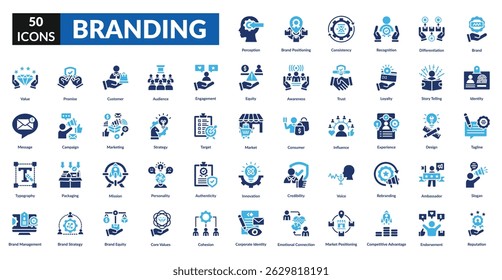 Branding fill icon set collection. Brand, ambassador, audience, credibility, identity, recognition, marketing, strategy, target, reputation, loyalty, competitive advantage, product