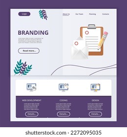Branding flat landing page website template. Web development, coding, design. Web banner with header, content and footer. Vector illustration.