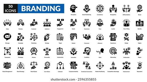 Branding glyph icon set collection. Brand, ambassador, audience, credibility, identity, recognition, marketing, strategy, target, reputation, loyalty, competitive advantage, product