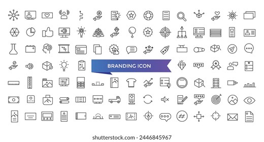 Branding icon collection. Related to marketing, product, brand value, design, logo, brand development, social media, advertising and loyal customers icons set.