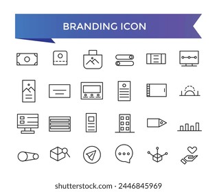 Branding icon collection. Related to marketing, product, brand value, design, logo, brand development, social media, advertising and loyal customers icons set.