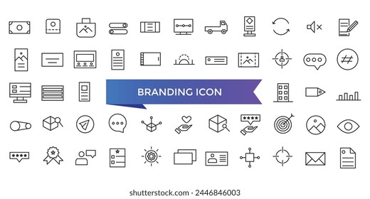 Branding icon collection. Related to marketing, product, brand value, design, logo, brand development, social media, advertising and loyal customers icons set.