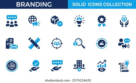 Branding icon set. Containing marketing, product, brand value, design, logo, brand development, social media, advertising and loyal customers icons. Solid icon collection.