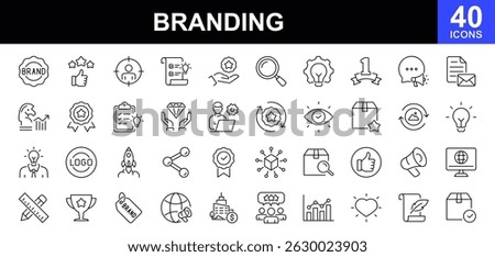 Branding icon set. Contains such icons as marketing, product, innovation, strategy, values, loyal customers, identity, brand value, design, logo, target audience, social media and more