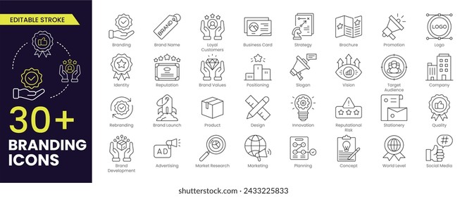 Branding icon set editable Stroke. Containing marketing, product, brand value, design, logo, brand development, social media, advertising icons. Editable Outline, Line icon collection.