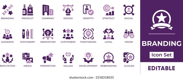 Branding Icon Set. Features editable icons for branding symbols, marketing, identity, strategy, audience, communication, and more. Perfect for businesses, marketing agencies, and design studios.