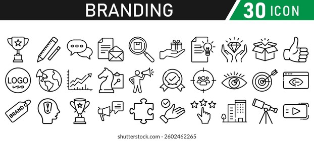 Branding icon set liner style. Containing marketing, product, design, brand development, social media, and advertising icons. Solid icons collection.