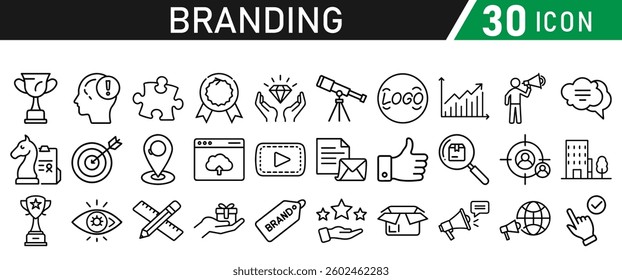 Branding icon set liner style. Containing marketing, product, design, brand development, social media, and advertising icons. Solid icons collection.