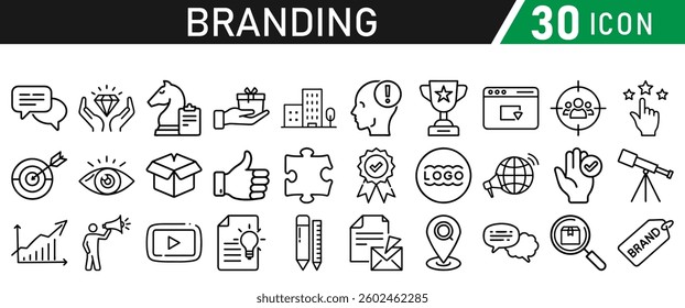 Branding icon set liner style. Containing marketing, product, design, brand development, social media, and advertising icons. Solid icons collection.
