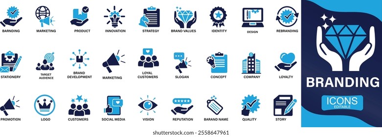 Branding icon set. marketing, product, brand value, design, logo, brand development, social media, You can easily change the color