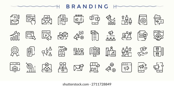 Conjunto de ícones de identidade visual. Conjunto de ícones simples de estratégia. Ícones modernos de IU vetorial. Conter símbolos lineares marca, cliente, identidade, empresa, estratégia, social e muito mais. Arte vetorial editável.