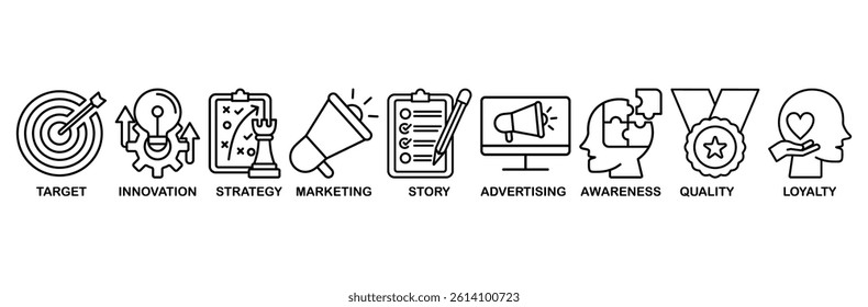 Branding icon set vector illustration concept with icon of target, innovation, strategy, marketing, story, advertising, awareness, quality and loyalty