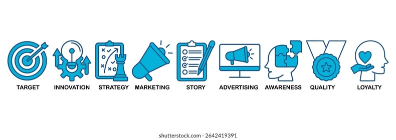 Concepto de Ilustración vectorial de conjunto de iconos de marca con icono de objetivo, innovación, estrategia, marketing, historia, publicidad, conciencia, calidad y lealtad