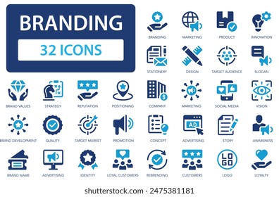 Colección de iconos de marca. Creación, desarrollo y promoción de una marca. Logo, nombre, producto, marketing, estrategia, publicidad, idea. Icono de Vector plano simple.