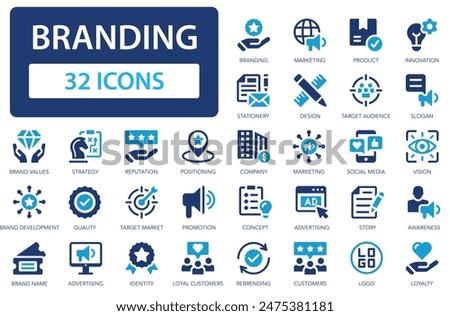Branding icons collection. Creating, developing and promoting a brand. Logo, name, product, marketing, strategy, advertising, idea. Simple flat vector icon.