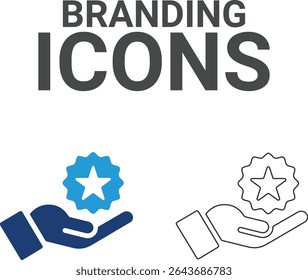 Branding icons, Line art icons containing marketing, product, brand value, design, logo, brand development, social media, advertising, and loyal customers icons. Solid icon collection.