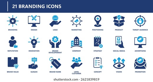 Branding icons pack in solid style including logo, marketing, brand value, advertising, vision, target audience, social media, and slogan.