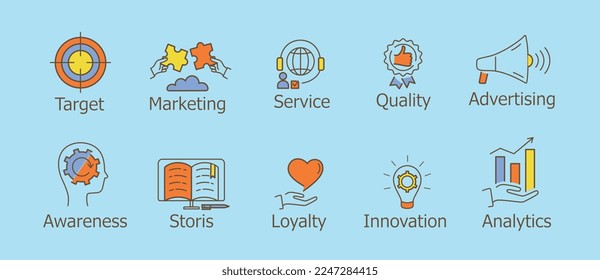 Branding icons set. Collection of graphic elements for website. Purpose, marketing, awareness and service, innovation and advertising. Cartoon flat vector illustrations isolated on blue background
