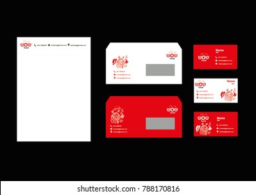 branding identity mock up template/stationary (envelope,name card, letterhead) for restaurant or seafood website,Flat design poster, coupon gift, card, advertising and promotion with Hand drawn doodle