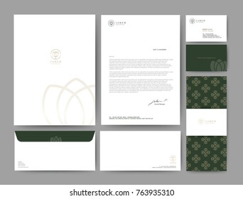 Branding identity stationary template corporate company design, Set for business hotel, resort, spa, luxury premium logo, Green and gold color. Vector illustration.