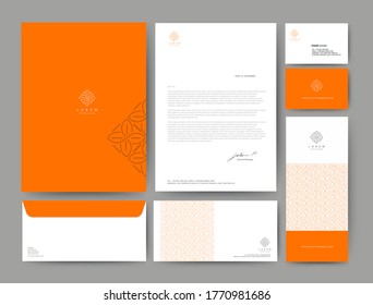 Plantilla de identidad de marca diseño corporativo de empresa, Set para hotel de negocios, resort, spa, logotipo de lujo premium, color naranja, ilustración vectorial