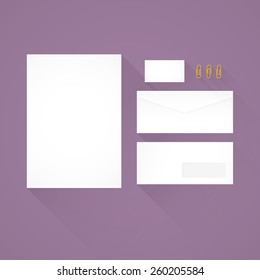 Branding identity template. Purple background. Letterhead, envelope, business card and paperclips. Flat design