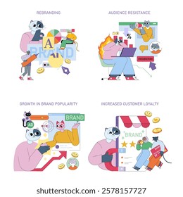 Branding illustration set. Exploring key elements of rebranding and audience engagement. Highlighting the journey from audience resistance to brand loyalty and growth in popularity. Vector