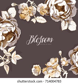 Branding invitation card with a gold Peony and Cherry flowers and leaves on a dark background. Vector illustration.
