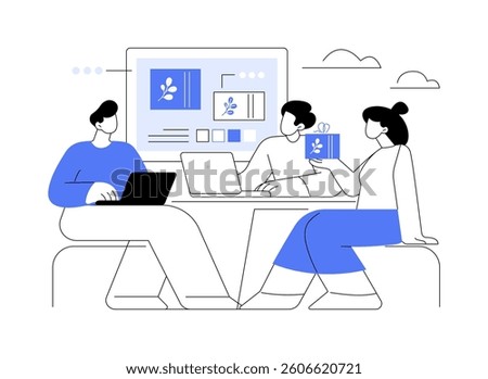 Branding isolated cartoon vector illustrations. Group of diverse people create a trademark for new IT startup, marketing strategy, new product identity creation, designer at work vector cartoon.