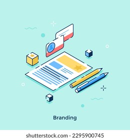 Ilustración de vector de concepto isométrico de marca. Desarrollar la estrategia de promoción de la empresa composición de caricaturas sobre fondo turquesa para el diseño web. Idea creativa para sitio web, móvil, presentación
